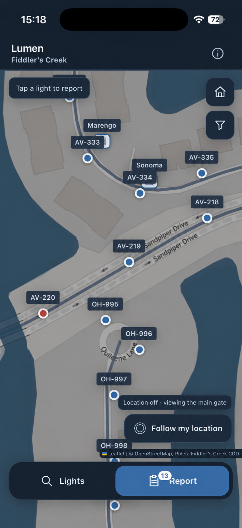 Actual Lumen iPhone screen showing labeled poles AV-333, AV-334, AV-219 and OH-995 around Sandpiper Drive